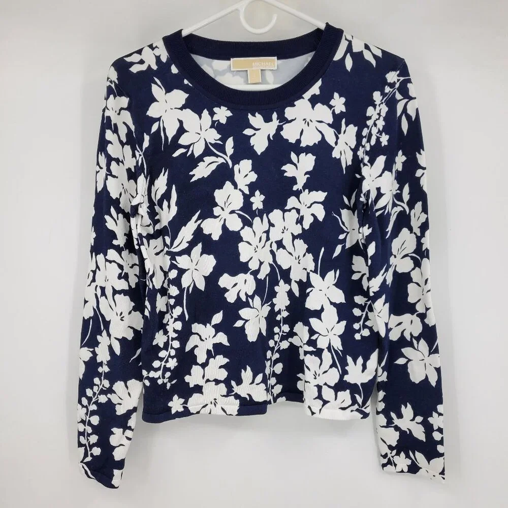 Michael Kors Navy‎ Blue and White Floral Print Crewneck Sweater Top Shirt Large
